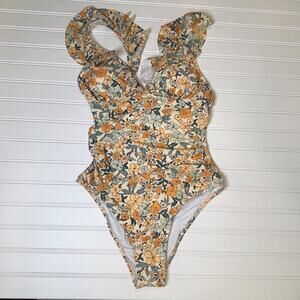 Cupshe Womens Medium Floral Ruffle One-Piece Swimsuit V-Neck Lace-Up Back Cheeky